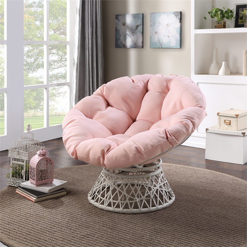 Maklaine Chair with Pink Round Pillow Fabric Cushion and Cream Wicker Weave