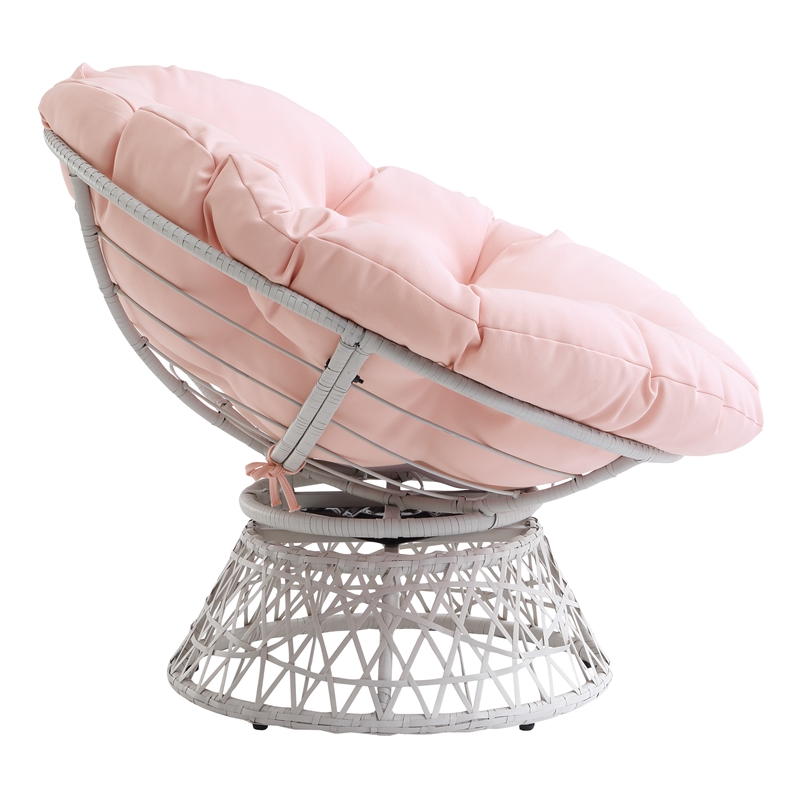 Maklaine Chair with Pink Round Pillow Fabric Cushion and Cream Wicker Weave