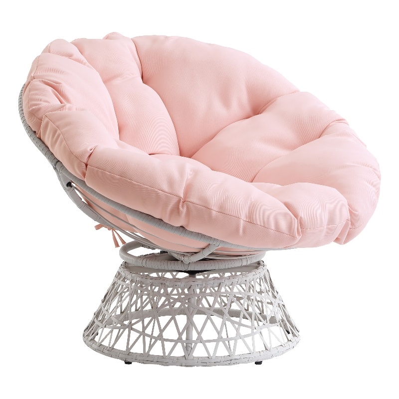 Maklaine Chair with Pink Round Pillow Fabric Cushion and Cream Wicker Weave