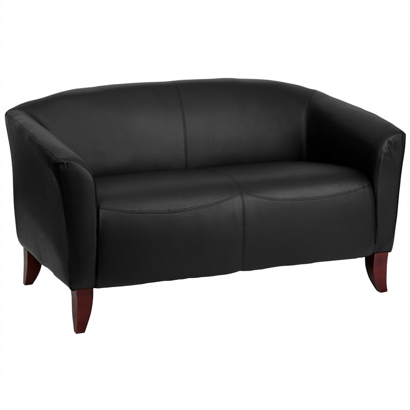 Maklaine Modern / Contemporary Leather Loveseat in Black Finish