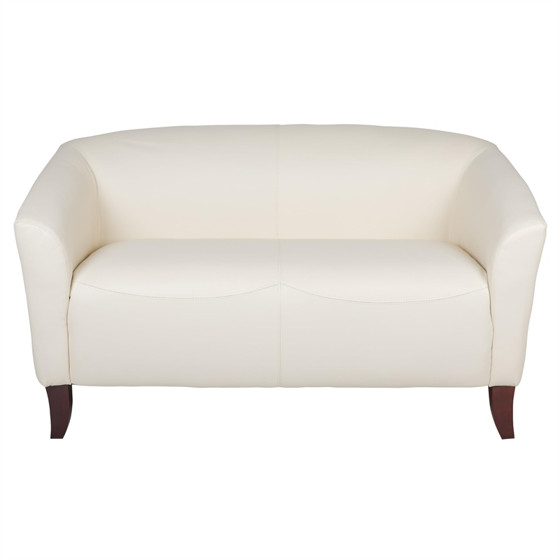 Maklaine Contemporary Leather Upholstered Loveseat in Ivory and Cherry