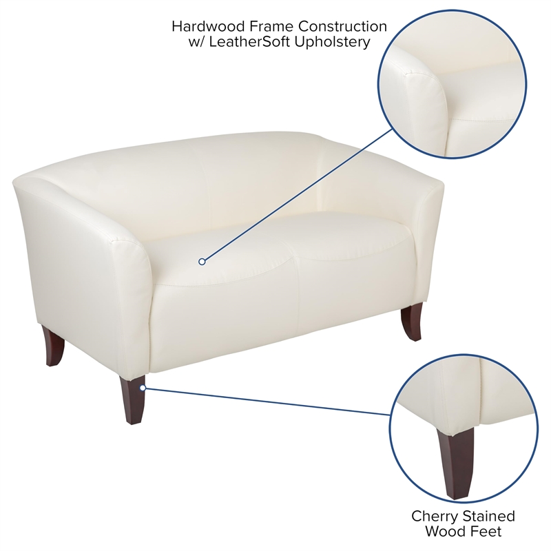 Maklaine Contemporary Leather Upholstered Loveseat in Ivory and Cherry