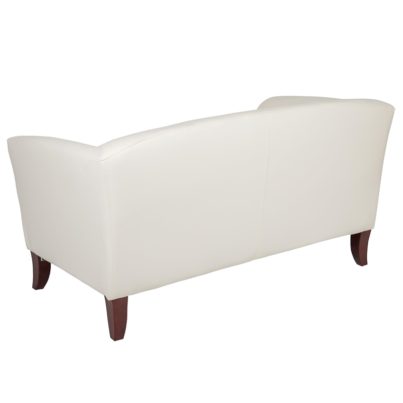Maklaine Contemporary Leather Upholstered Loveseat in Ivory and Cherry