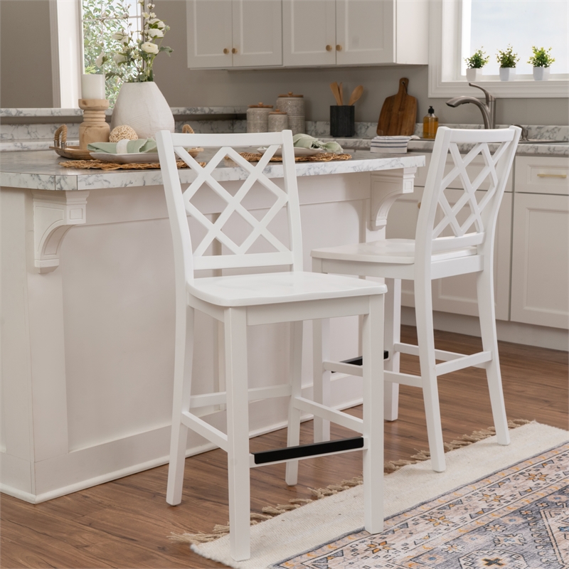 Maklaine Sturdy Wood Lattice Back Counter Stool in Crisp White Finish