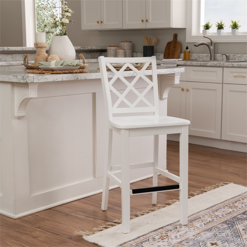 Maklaine Sturdy Wood Lattice Back Counter Stool in Crisp White Finish
