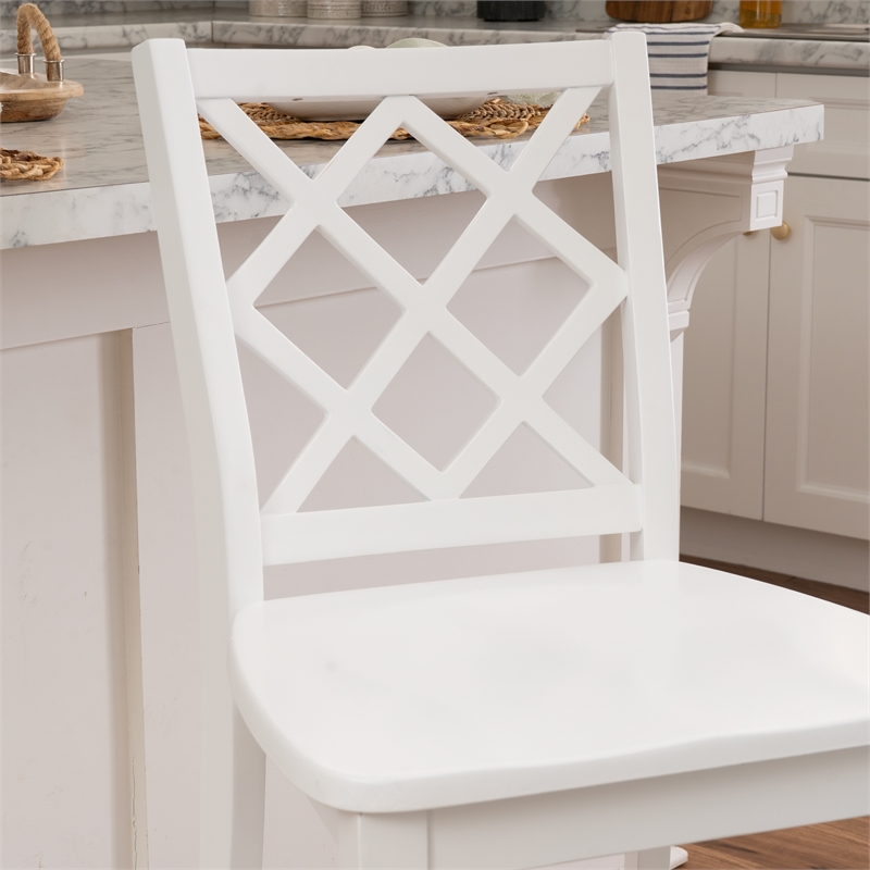 Maklaine Sturdy Wood Lattice Back Counter Stool in Crisp White Finish