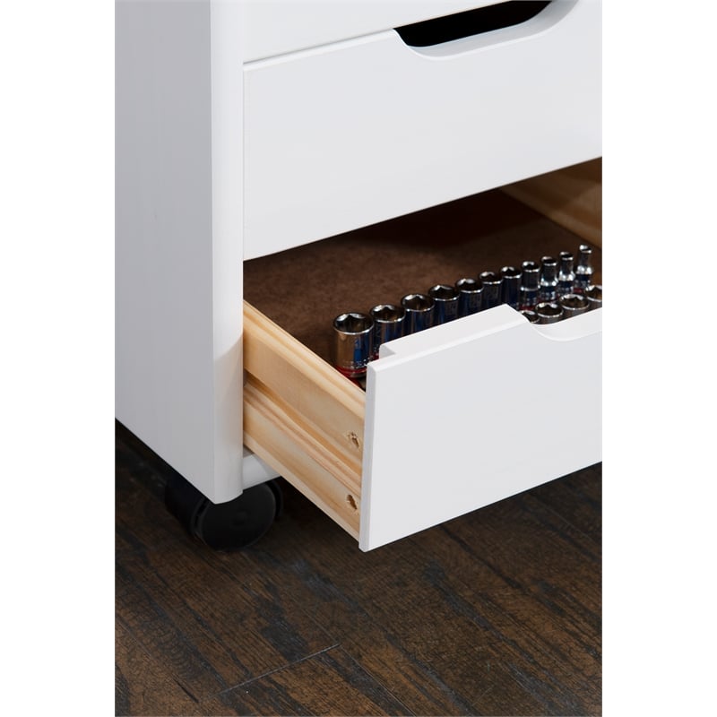 Maklaine Transitional Six Drawer Rolling Storage Cart in White Wash Wood