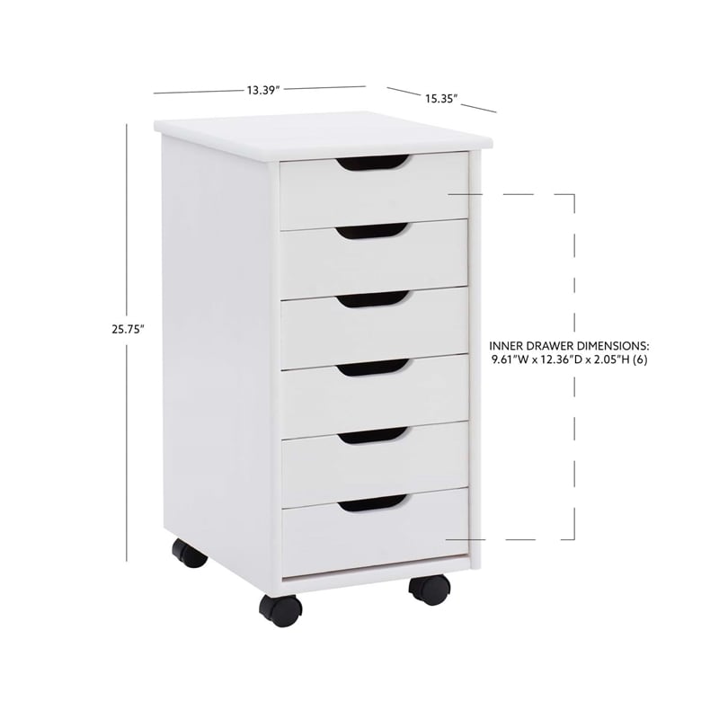 Maklaine Transitional Six Drawer Rolling Storage Cart in White Wash Wood