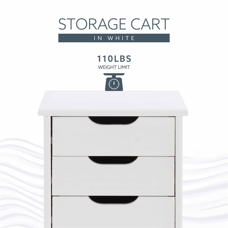 Maklaine Transitional Six Drawer Rolling Storage Cart in White Wash Wood