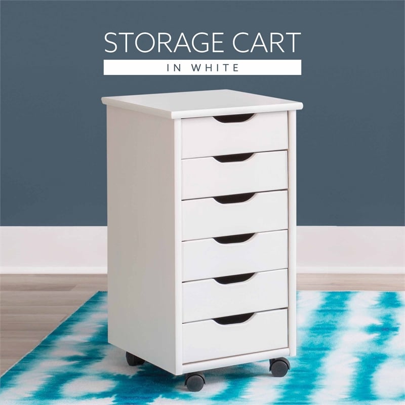 Maklaine Transitional Six Drawer Rolling Storage Cart in White Wash Wood