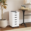 Maklaine Transitional Six Drawer Rolling Storage Cart in White Wash Wood