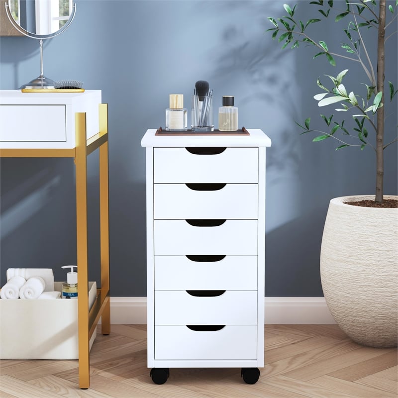 Maklaine Transitional Six Drawer Rolling Storage Cart in White Wash Wood