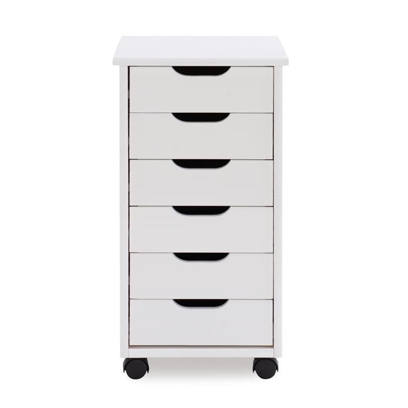 Maklaine Transitional Six Drawer Rolling Storage Cart in White Wash Wood