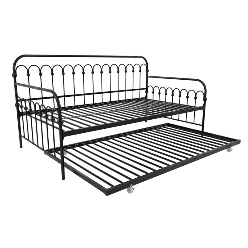 Maklaine Contemporary Twin Metal Daybed with Roll Out Trundle in Black