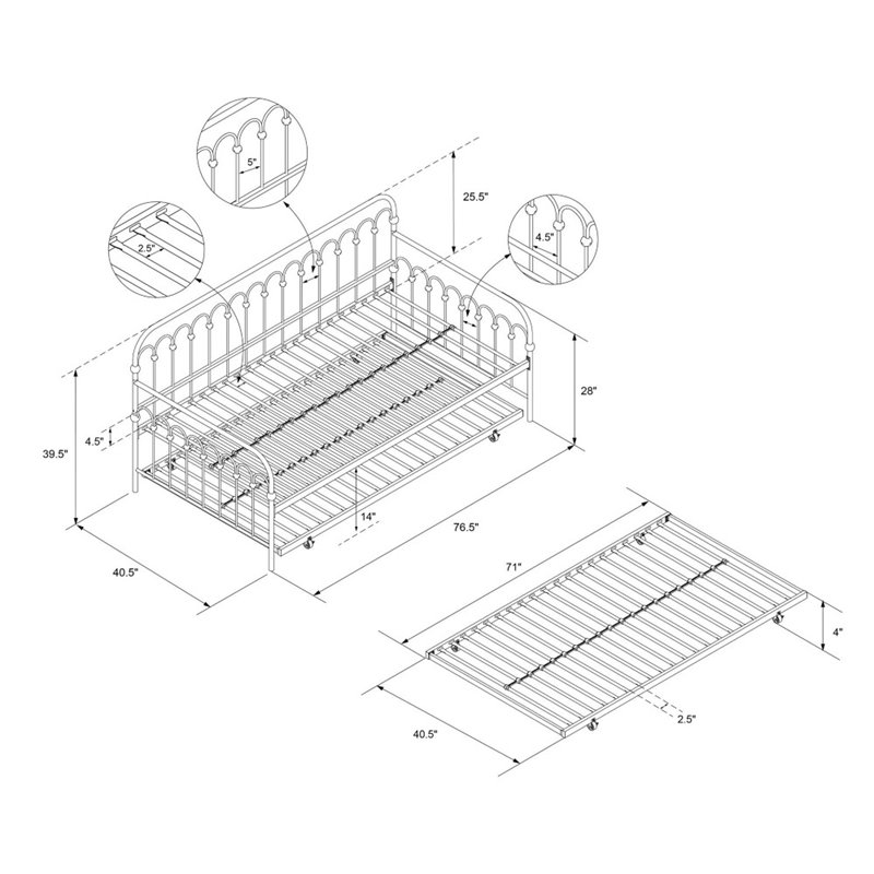 Maklaine Contemporary Twin Metal Daybed with Roll Out Trundle in Black