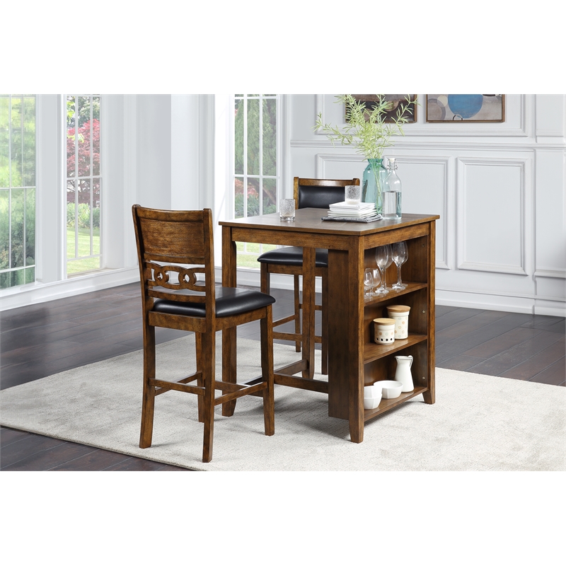 Maklaine Traditional Solid Wood Counter Table w/ 2 Chairs in Brown
