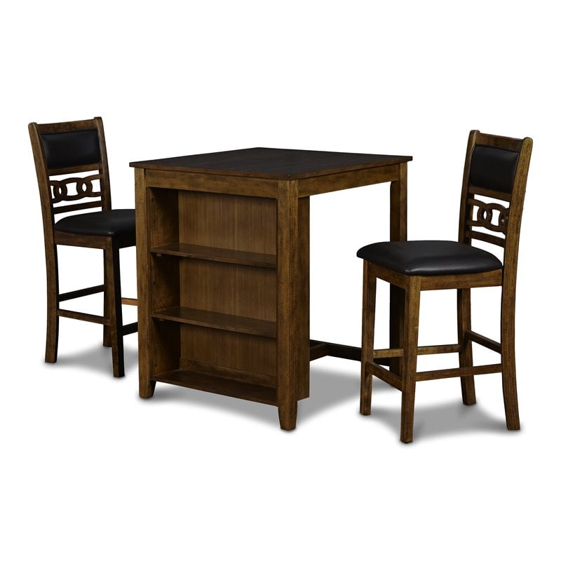 Maklaine Traditional Solid Wood Counter Table w/ 2 Chairs in Brown