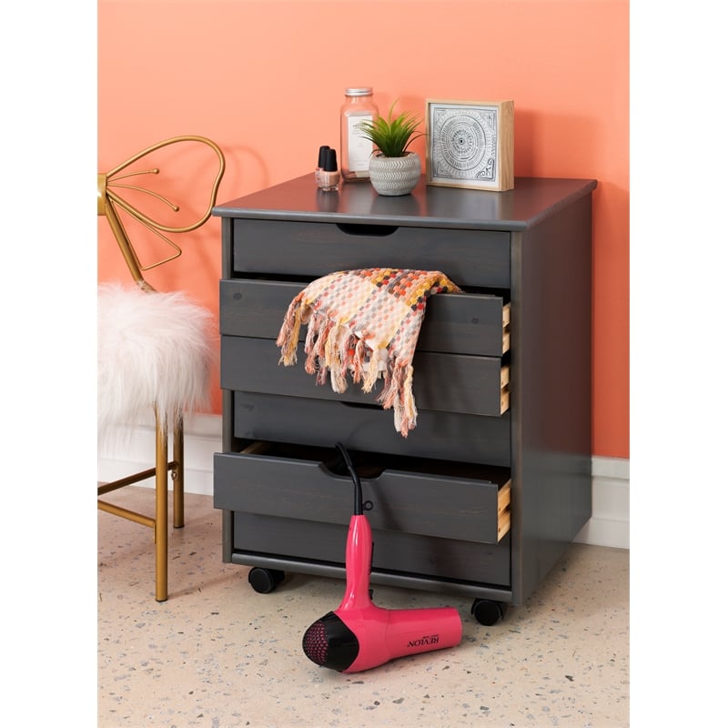 Maklaine Transitional Six Drawer Wide Rolling Cart in Gray Wood