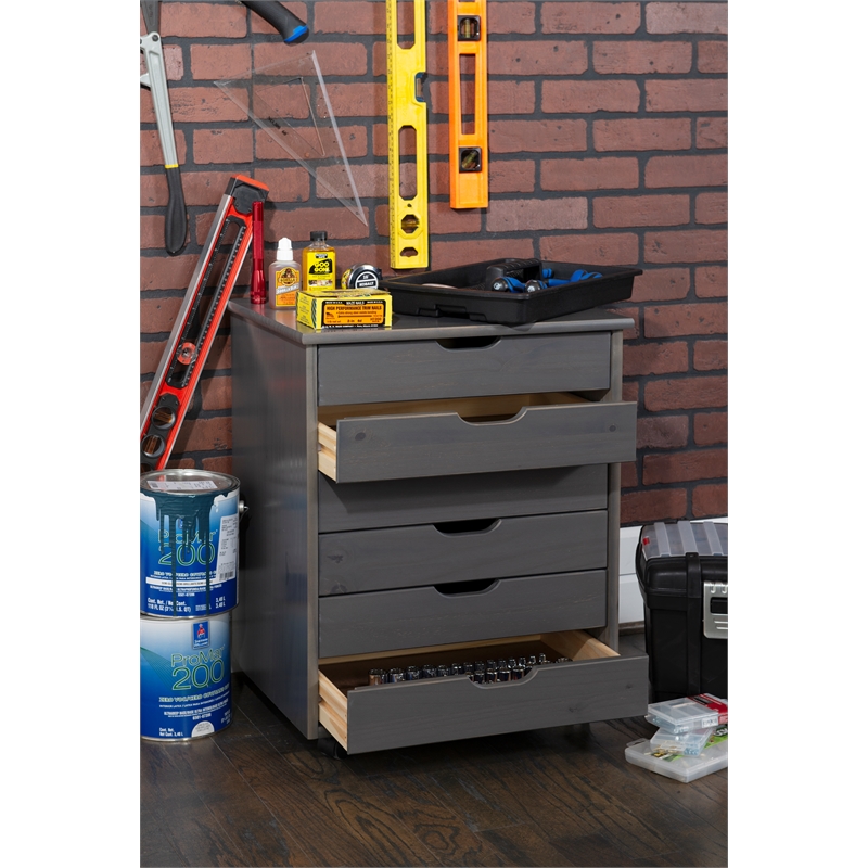Maklaine Transitional Six Drawer Wide Rolling Cart in Gray Wood