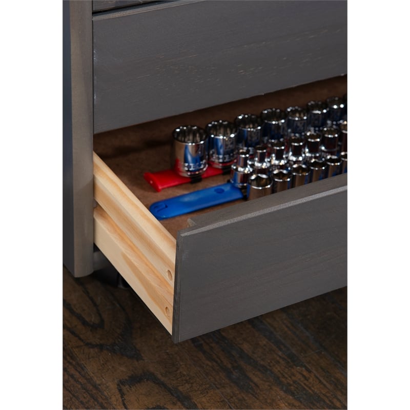 Maklaine Transitional Six Drawer Wide Rolling Cart in Gray Wood
