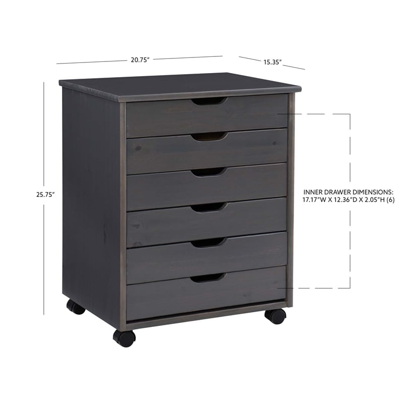 Maklaine Transitional Six Drawer Wide Rolling Cart in Gray Wood