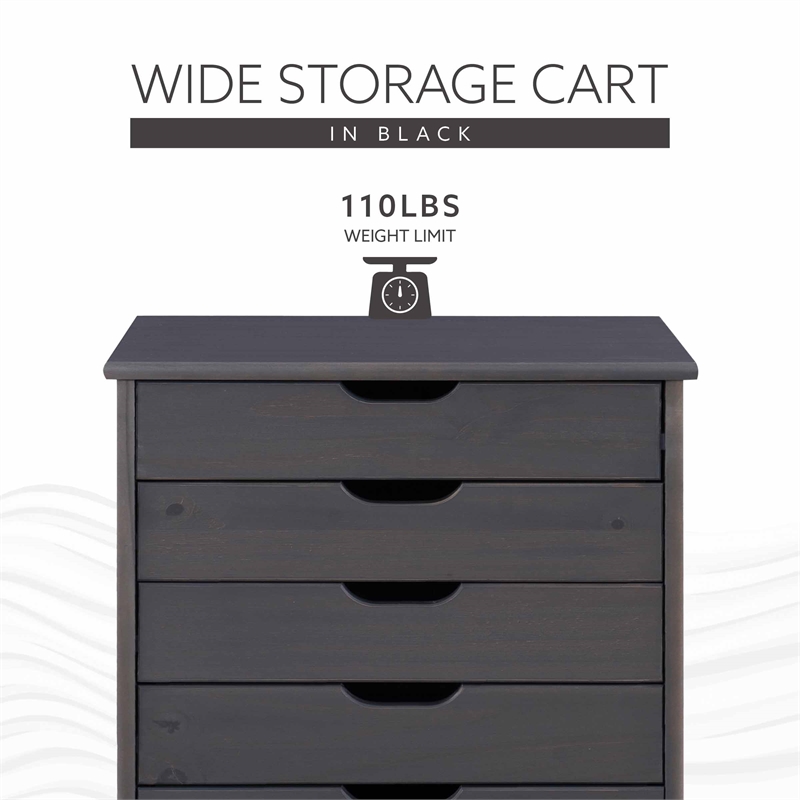 Maklaine Transitional Six Drawer Wide Rolling Cart in Gray Wood