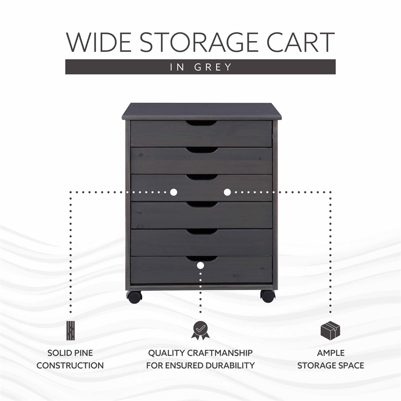 Maklaine Transitional Six Drawer Wide Rolling Cart in Gray Wood
