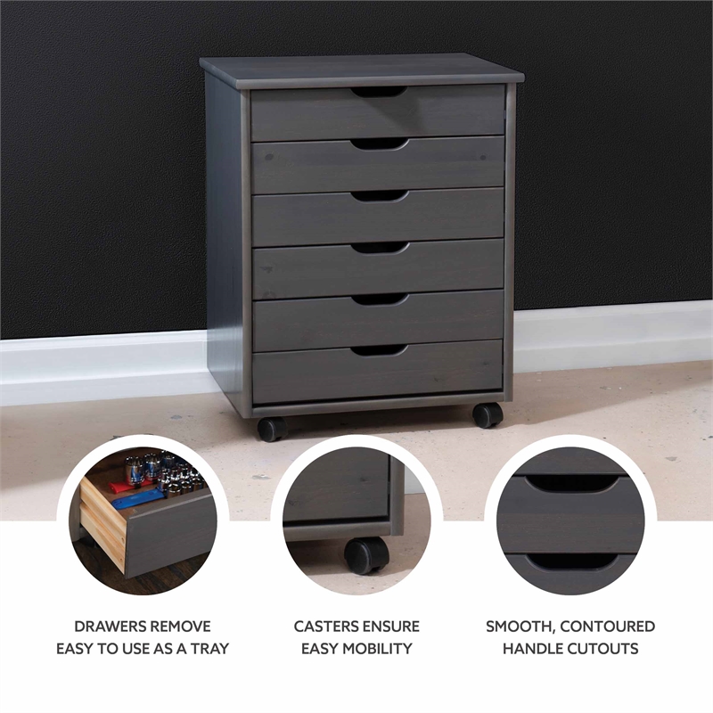 Maklaine Transitional Six Drawer Wide Rolling Cart in Gray Wood