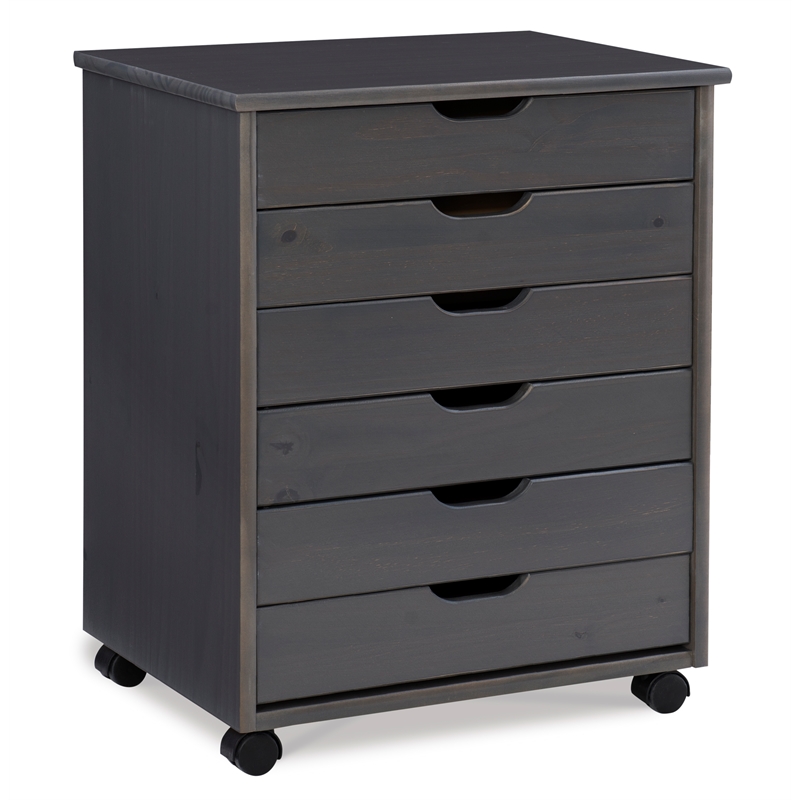 Maklaine Transitional Six Drawer Wide Rolling Cart in Gray Wood