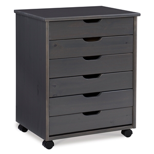 Maklaine Transitional Six Drawer Wide Rolling Cart in Gray Wood