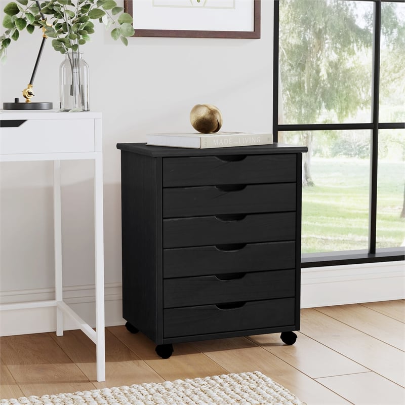 Maklaine Transitional Six Drawer Wide Rolling Cart in Gray Wood