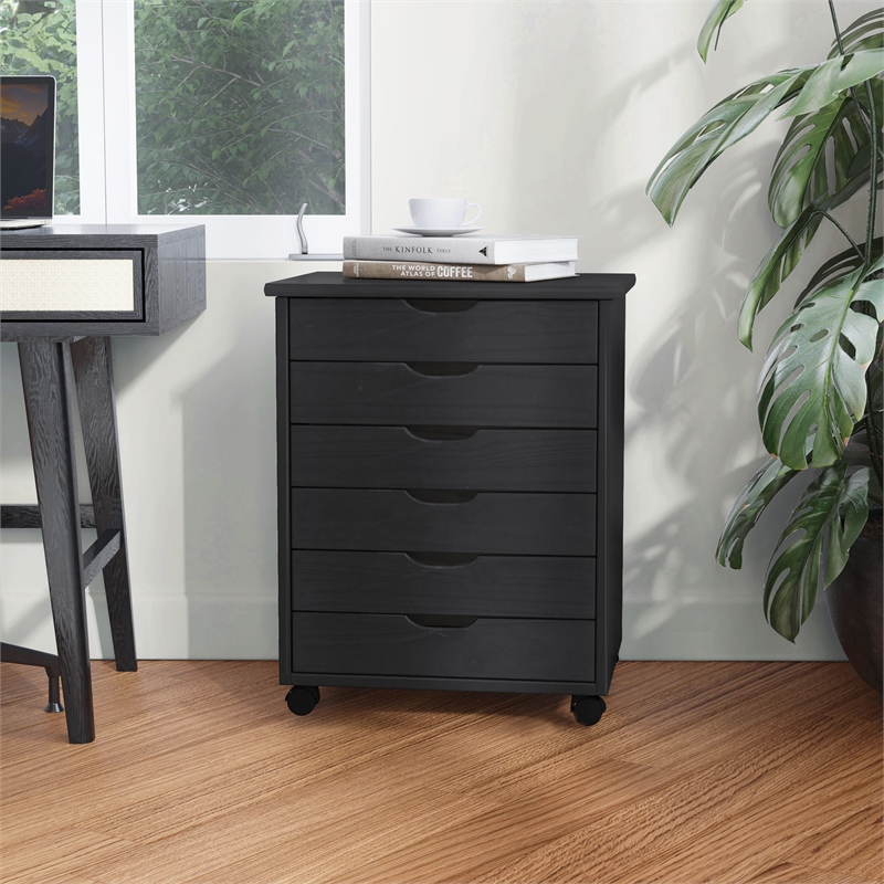 Maklaine Transitional Six Drawer Wide Rolling Cart in Gray Wood