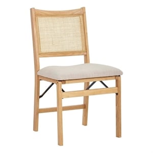 Maklaine Folding Side Chair Woven Cane Back Beige Padded Seat in Natural Wood
