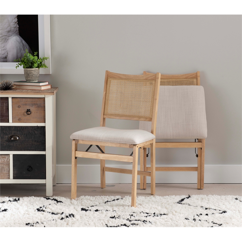 Maklaine Folding Side Chair Woven Cane Back Beige Padded Seat in Natural Wood