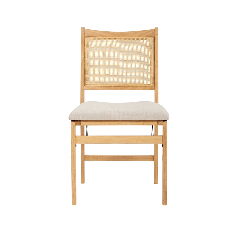 Maklaine Folding Side Chair Woven Cane Back Beige Padded Seat in Natural Wood