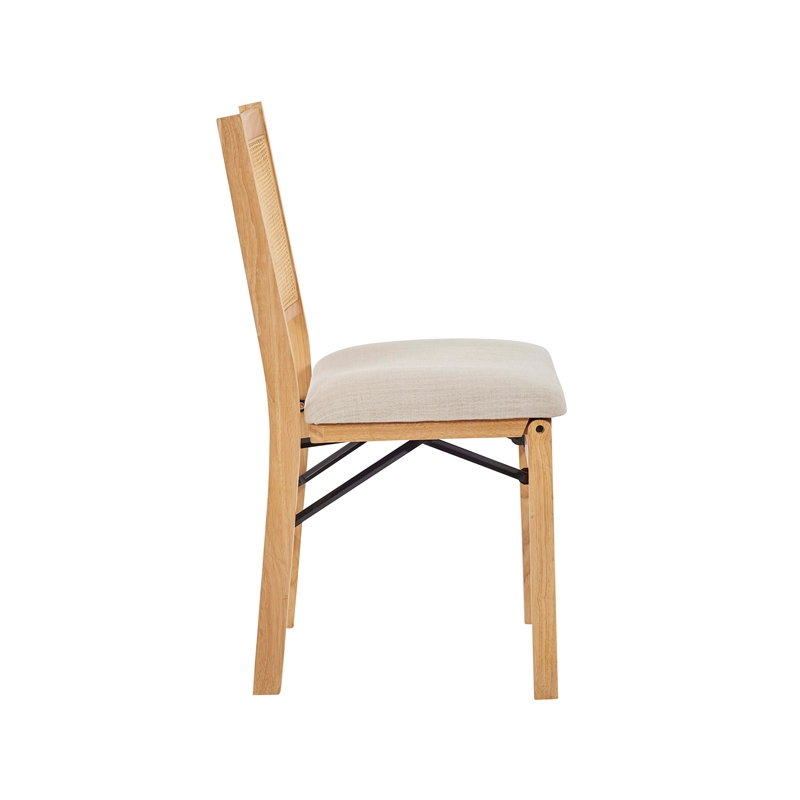 Maklaine Folding Side Chair Woven Cane Back Beige Padded Seat in Natural Wood