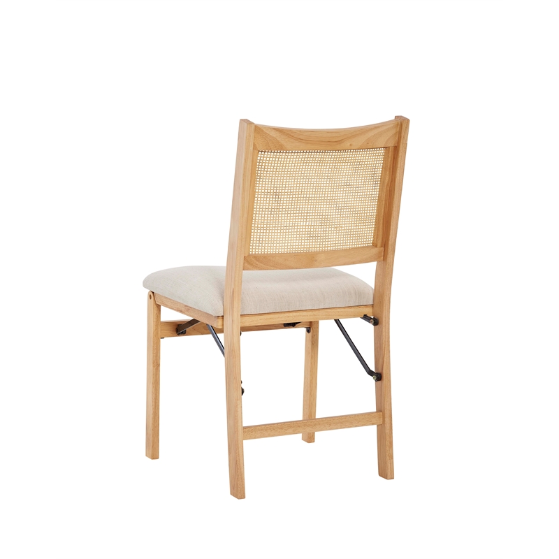 Maklaine Folding Side Chair Woven Cane Back Beige Padded Seat in Natural Wood