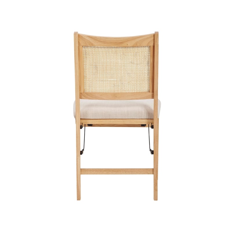 Maklaine Folding Side Chair Woven Cane Back Beige Padded Seat in Natural Wood