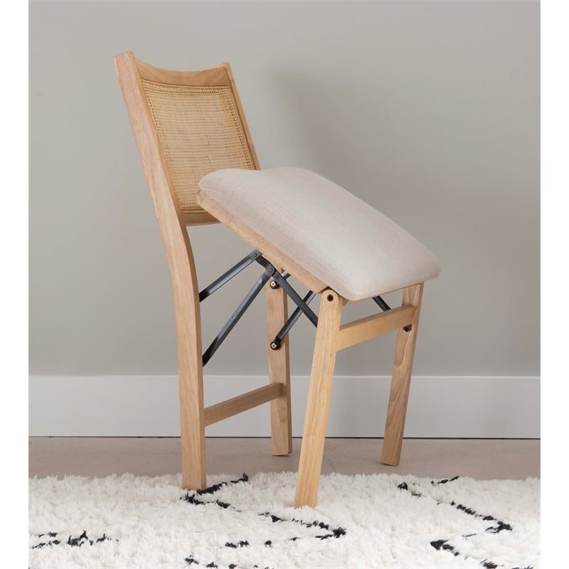Maklaine Folding Side Chair Woven Cane Back Beige Padded Seat in Natural Wood