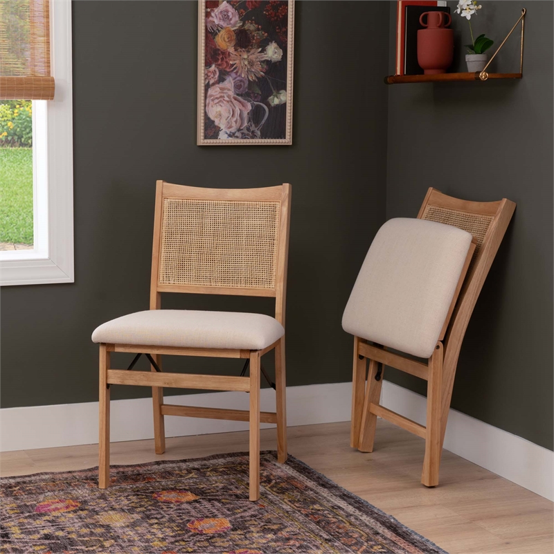Maklaine Folding Side Chair Woven Cane Back Beige Padded Seat in Natural Wood