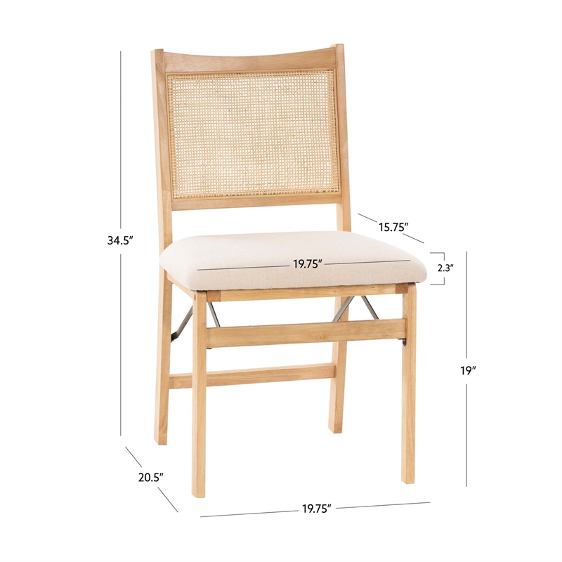 Maklaine Folding Side Chair Woven Cane Back Beige Padded Seat in Natural Wood