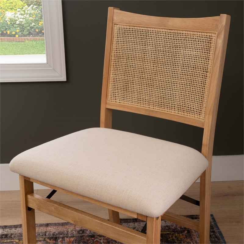 Maklaine Folding Side Chair Woven Cane Back Beige Padded Seat in Natural Wood
