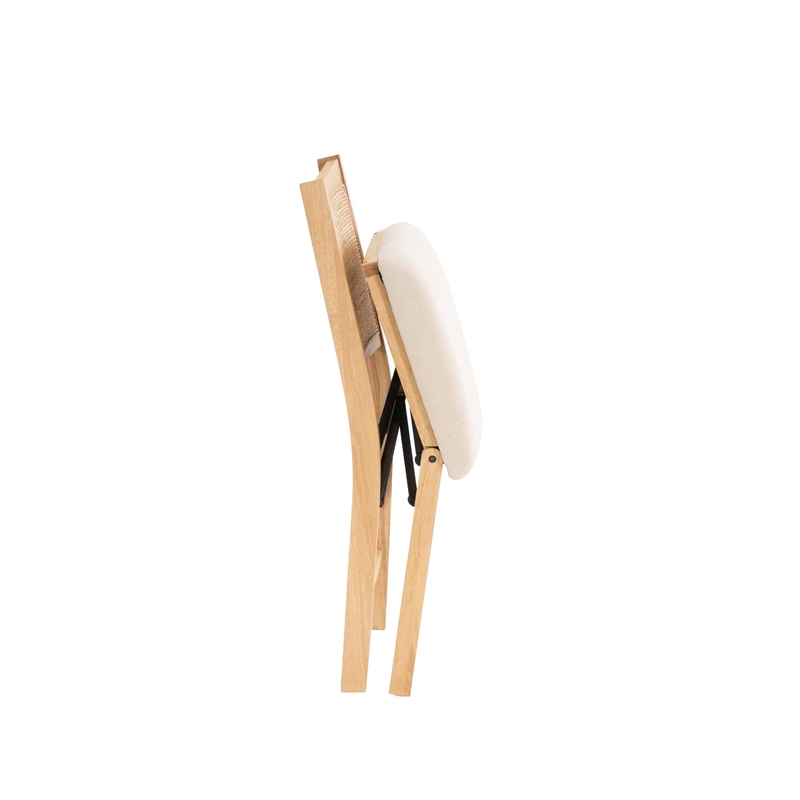 Maklaine Folding Side Chair Woven Cane Back Beige Padded Seat in Natural Wood