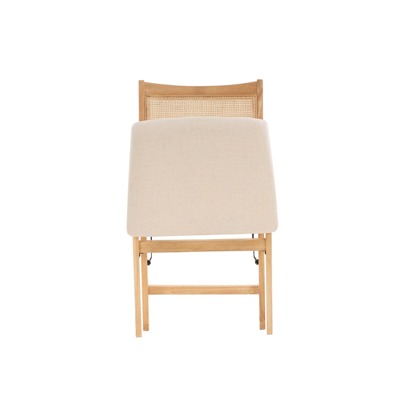 Maklaine Folding Side Chair Woven Cane Back Beige Padded Seat in Natural Wood