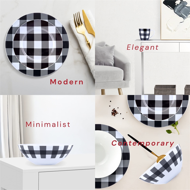 Maklaine Porcelain Dinnerset 16 Piece Buffalo Plaid White/Black