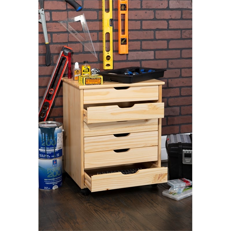 Maklaine Six Drawer Wide Rolling Cart in Natural Stained Wood
