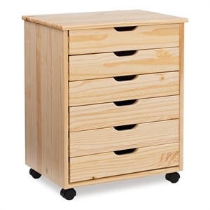 Maklaine Six Drawer Wide Rolling Cart in Natural Stained Wood
