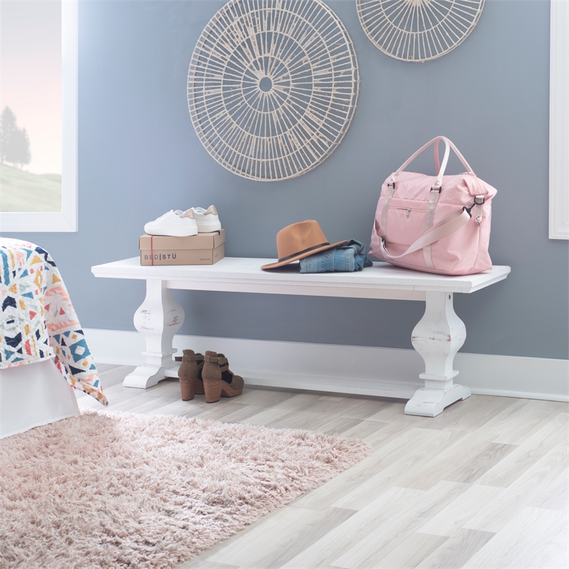 Maklaine Solid Pine Wood Double Pedestal Dining Bench in Distressed White