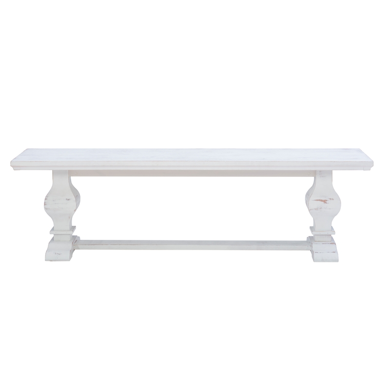 Maklaine Solid Pine Wood Double Pedestal Dining Bench in Distressed White