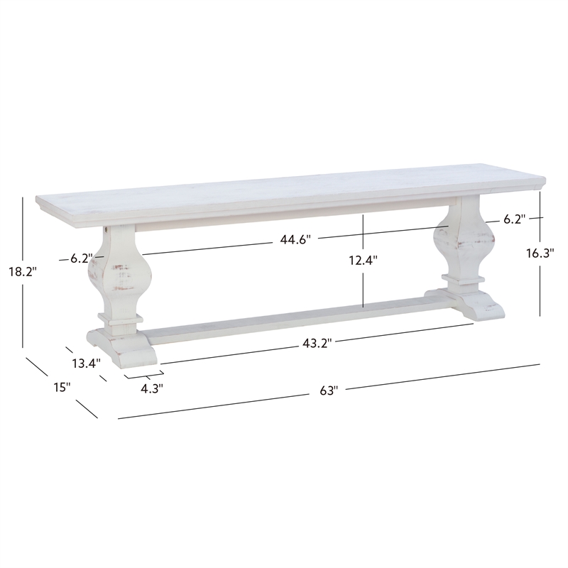 Maklaine Solid Pine Wood Double Pedestal Dining Bench in Distressed White